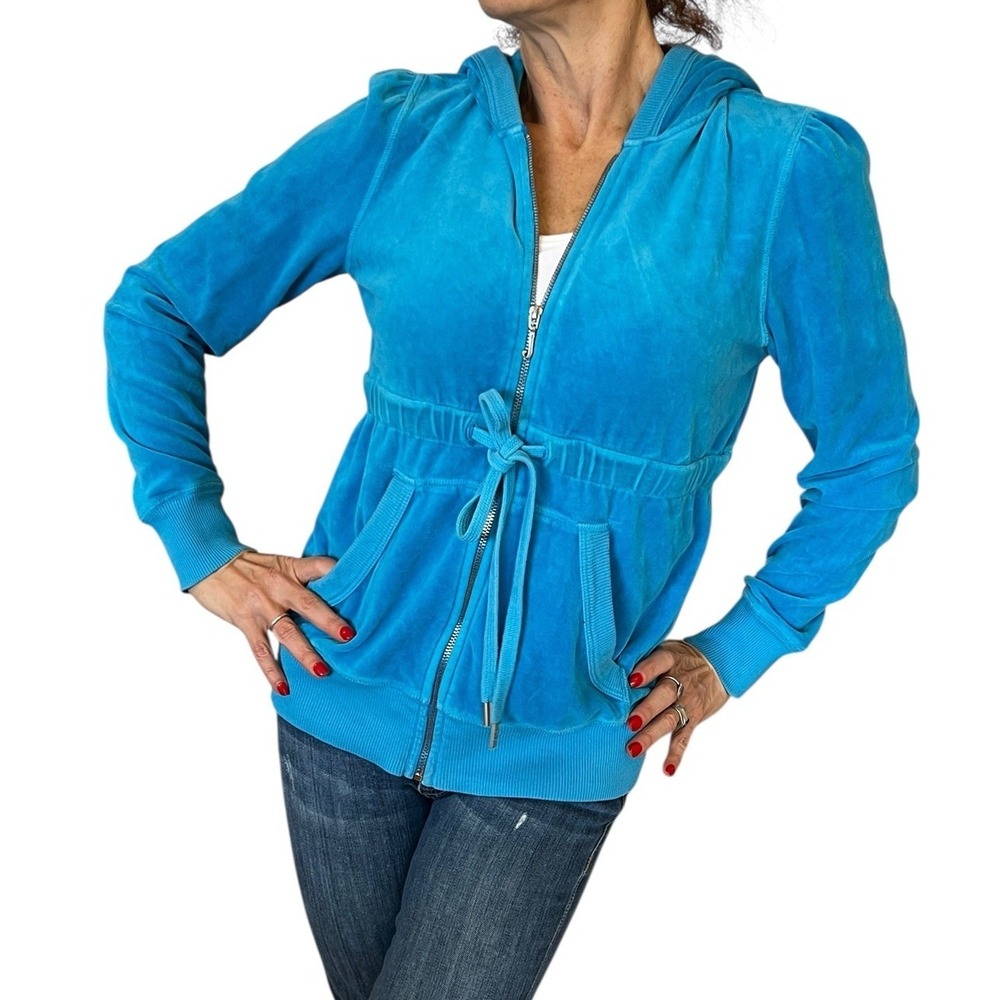 Vintage Y2K Juicy Couture Blue Velour Hoodie Cinch Tie Waist Track‎ Jacket L USA